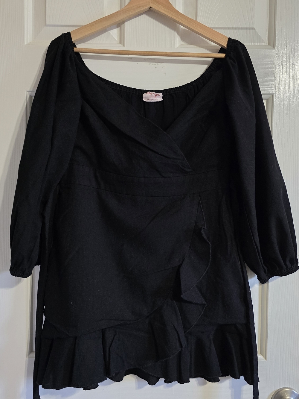 Showpo Women's Black Solid Wrap Mini Dress V-Neck 3/4 Sleeve Tie Belted 14